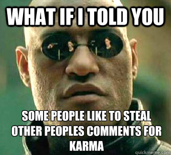 What if I told you some people like to steal other peoples comments for karma  - What if I told you some people like to steal other peoples comments for karma   What if I told you