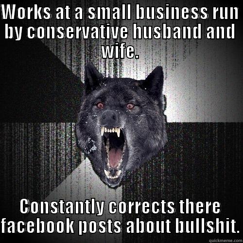 WORKS AT A SMALL BUSINESS RUN BY CONSERVATIVE HUSBAND AND WIFE. CONSTANTLY CORRECTS THERE FACEBOOK POSTS ABOUT BULLSHIT. Insanity Wolf