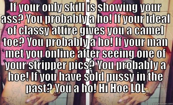 IF YOUR ONLY SKILL IS SHOWING YOUR ASS? YOU PROBABLY A HO! IF YOUR IDEAL OF CLASSY ATTIRE GIVES YOU A CAMEL TOE? YOU PROBABLY A HO! IF YOUR MAN MET YOU ONLINE AFTER SEEING ONE OF YOUR STRIPPER PICS? YOU PROBABLY A HOE! IF YOU HAVE SOLD PUSSY IN THE PAST?   Misc
