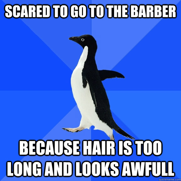 scared to go to the barber because hair is too long and looks awfull  Socially Awkward Penguin