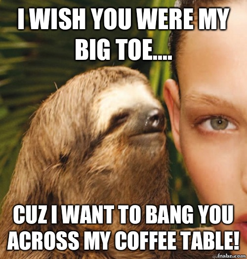I wish you were my big toe.... Cuz I want to bang you across my coffee table!  rape sloth