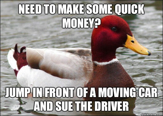 Need to make some quick money? Jump in front of a moving car and sue the driver  Malicious Advice Mallard
