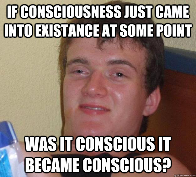 if consciousness just came into existance at some point was it conscious it became conscious? - if consciousness just came into existance at some point was it conscious it became conscious?  10 Guy