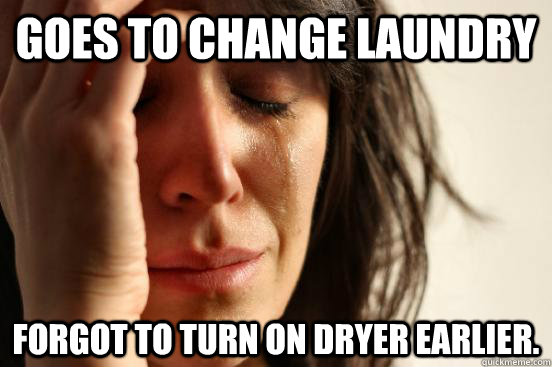 Goes to change Laundry Forgot to turn on dryer earlier.  First World Problems