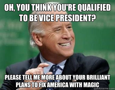 Oh, you think you're qualified to be Vice President? Please tell me more about your brilliant plans to fix America with magic  