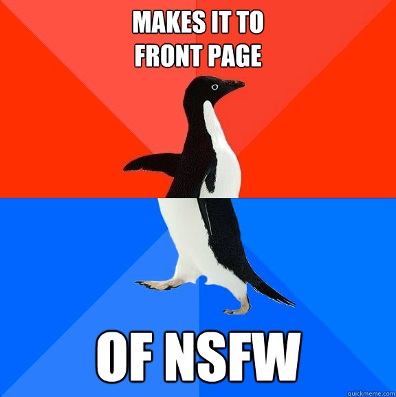 makes it to 
front page of nsfw Caption 3 goes here  Socially Awesome Awkward Penguin
