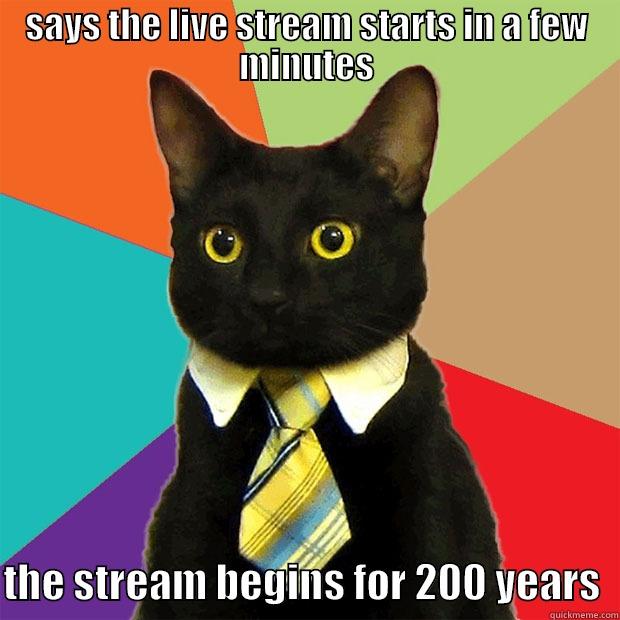 says the live stream starts in a few minutes the stream begins for 200 years - SAYS THE LIVE STREAM STARTS IN A FEW MINUTES  THE STREAM BEGINS FOR 200 YEARS  Business Cat