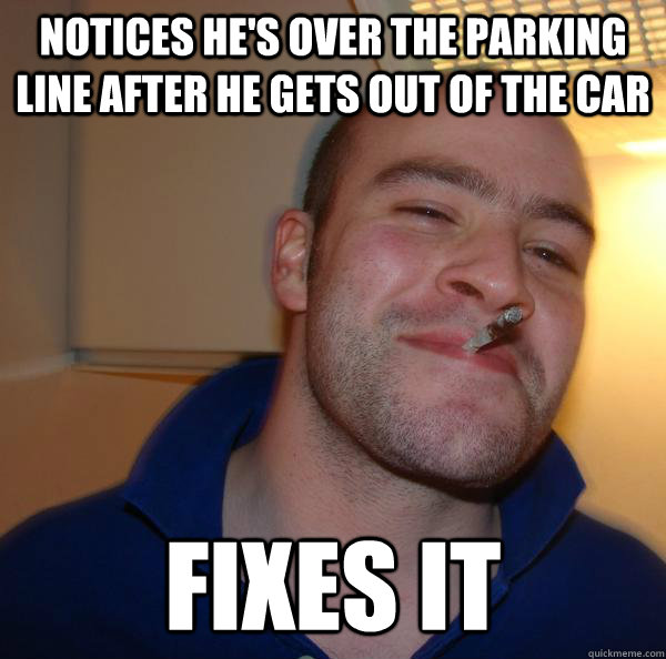 Notices he's over the parking line after he gets out of the car fixes it - Notices he's over the parking line after he gets out of the car fixes it  Misc