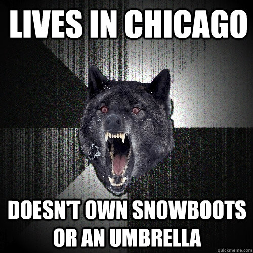 Lives in Chicago Doesn't own snowboots or an umbrella  Insanity Wolf