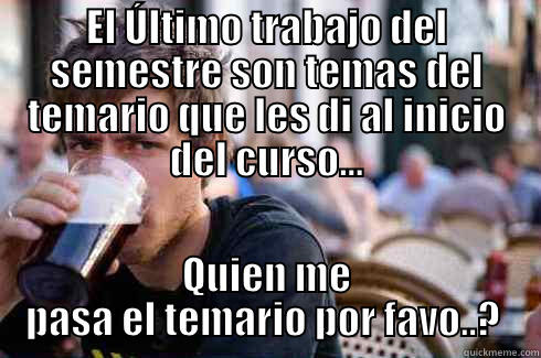 EL ÚLTIMO TRABAJO DEL SEMESTRE SON TEMAS DEL TEMARIO QUE LES DI AL INICIO DEL CURSO... QUIEN ME PASA EL TEMARIO POR FAVO..?  Lazy College Senior