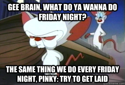 Gee Brain, what do ya wanna do friday night? The same thing we do every friday night, Pinky: try to get laid  - Gee Brain, what do ya wanna do friday night? The same thing we do every friday night, Pinky: try to get laid   PinkyBrain