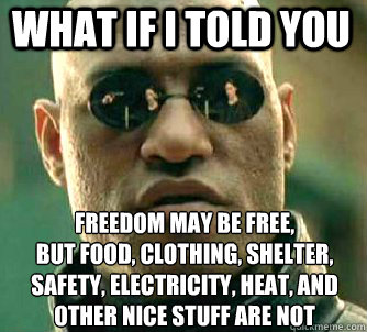 what if i told you freedom may be free,
but food, clothing, shelter, safety, electricity, heat, and other nice stuff are not  Matrix Morpheus