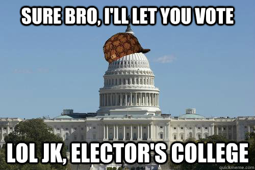 Sure bro, I'll let you vote Lol jk, Elector's college  Scumbag Government