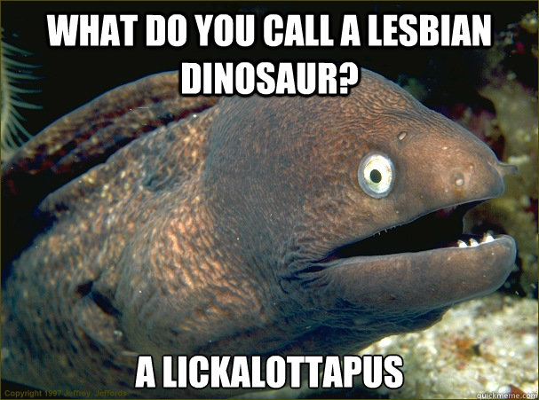 what do you call a lesbian dinosaur? a lickalottapus - what do you call a lesbian dinosaur? a lickalottapus  Bad Joke Eel