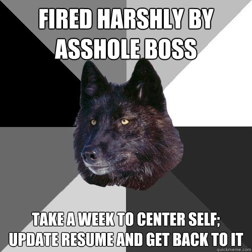 fired harshly by asshole boss take a week to center self; update resume and get back to it  Sanity Wolf