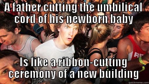 Cutting the Ribbon - A FATHER CUTTING THE UMBILICAL CORD OF HIS NEWBORN BABY IS LIKE A RIBBON-CUTTING CEREMONY OF A NEW BUILDING Sudden Clarity Clarence