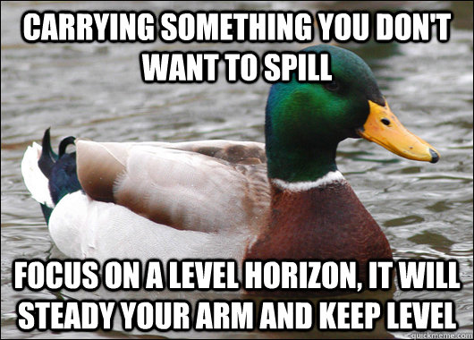 Carrying something you don't want to spill Focus on a level horizon, it will steady your arm and keep level   Actual Advice Mallard