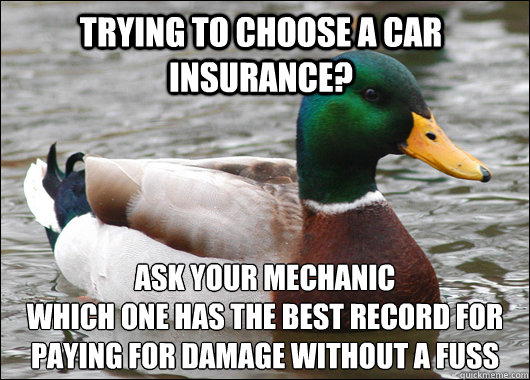Trying to choose a car insurance? Ask your mechanic 
which one has the best record for paying for damage without a fuss  Actual Advice Mallard