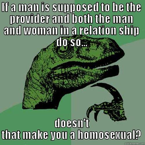 IF A MAN IS SUPPOSED TO BE THE PROVIDER AND BOTH THE MAN AND WOMAN IN A RELATION SHIP DO SO... DOESN'T THAT MAKE YOU A HOMOSEXUAL? Philosoraptor