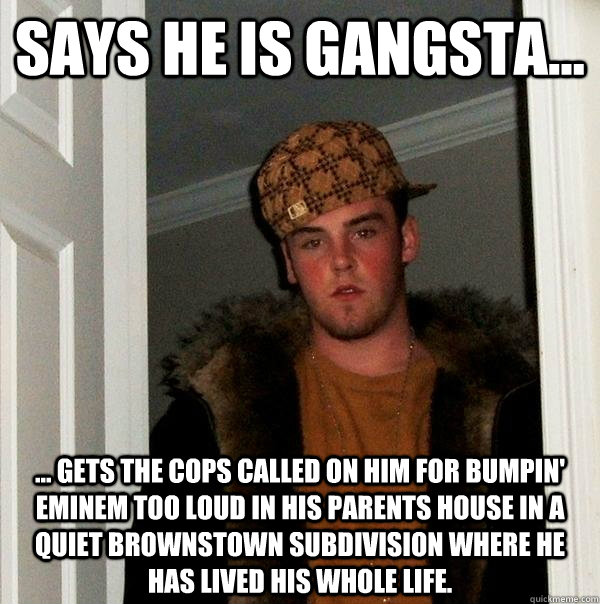 Says he is gangsta... ... Gets the cops called on him for bumpin' Eminem too loud in his parents house in a quiet Brownstown subdivision where he has lived his whole life.  Scumbag Steve