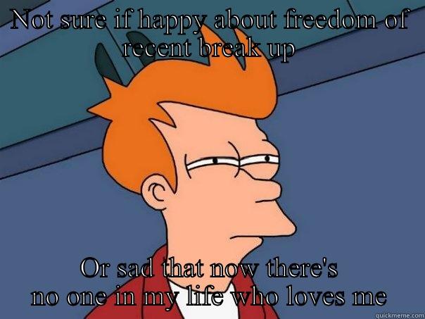 NOT SURE IF HAPPY ABOUT FREEDOM OF RECENT BREAK UP OR SAD THAT NOW THERE'S NO ONE IN MY LIFE WHO LOVES ME Futurama Fry