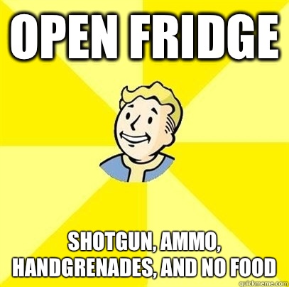 Open fridge Shotgun, ammo, handgrenades, and no food  Fallout 3