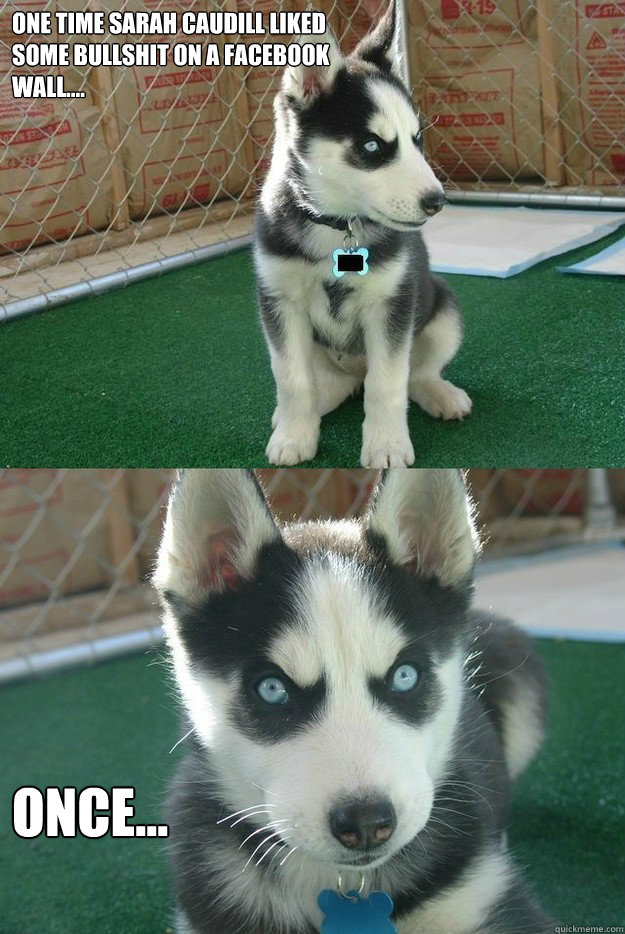 One time Sarah Caudill liked
some bullshit on a facebook
wall.... Once...
  Insanity puppy