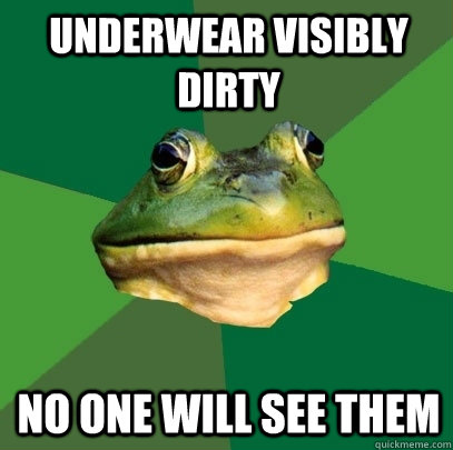 Underwear visibly dirty  no one will see them  Foul Bachelor Frog