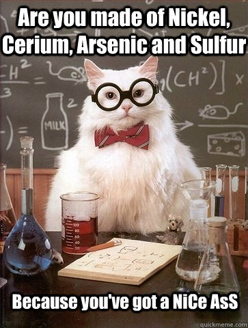 Are you made of Nickel, Cerium, Arsenic and Sulfur Because you've got a NiCe AsS - Are you made of Nickel, Cerium, Arsenic and Sulfur Because you've got a NiCe AsS  Chemistry Cat