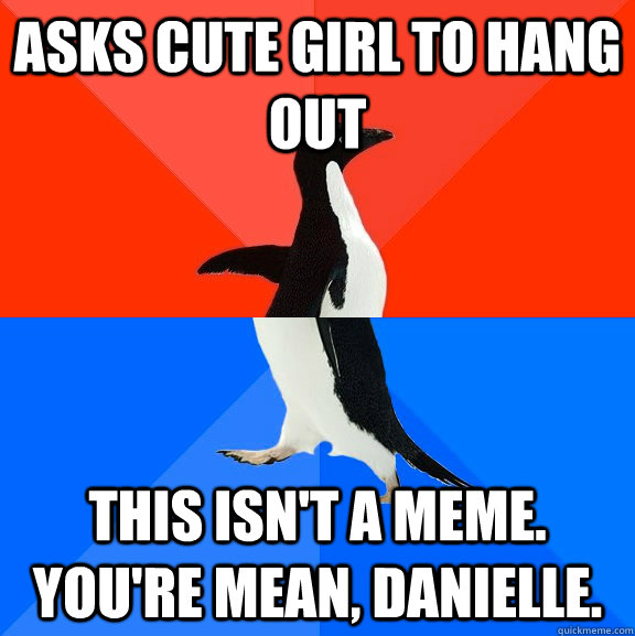 Asks cute girl to hang out This isn't a meme. You're mean, Danielle.  Socially Awesome Awkward Penguin