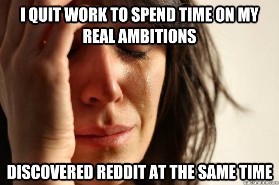 I quit work to spend time on my real ambitions  Discovered Reddit at the same time  First World Problems