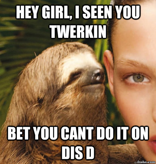 Hey girl, I seen you twerkin bet you cant do it on dis D  rape sloth