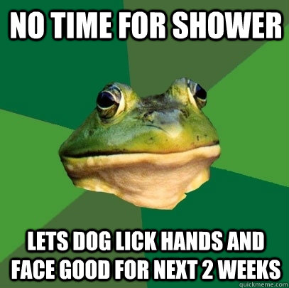 No time for shower lets dog lick hands and face good for next 2 weeks  Foul Bachelor Frog