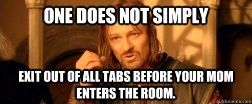 One does not simply exit out of all tabs before your mom enters the room.  One Does Not Simply