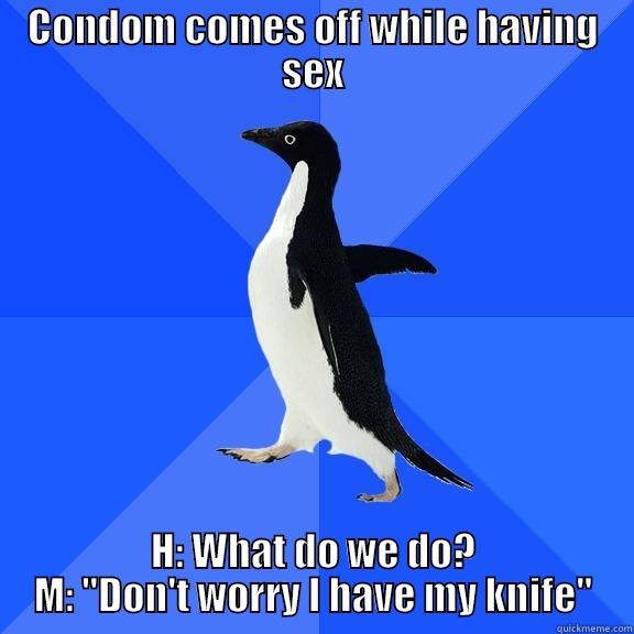 It's ok we settled on Cosmo's Advice instead - CONDOM COMES OFF WHILE HAVING SEX H: WHAT DO WE DO? M: 