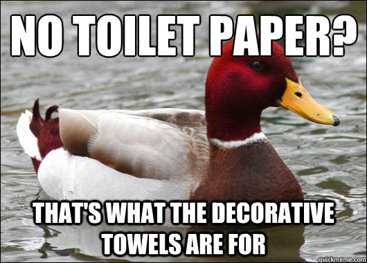 No toilet paper?
 That's what the decorative towels are for  Malicious Advice Mallard