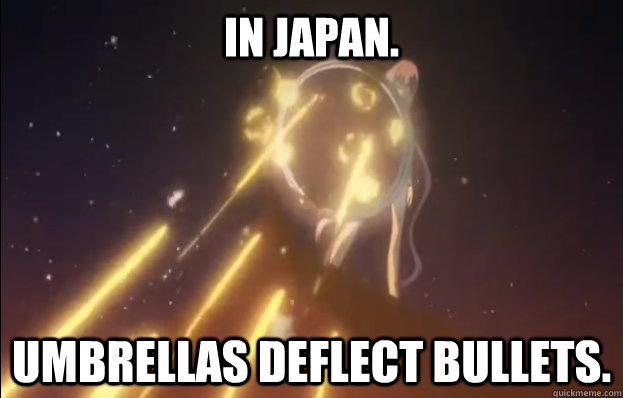 In Japan. Umbrellas Deflect Bullets. - In Japan. Umbrellas Deflect Bullets.  Japanese Umbrellas