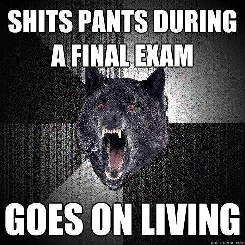 shits pants during a final exam goes on living  Insanity Wolf