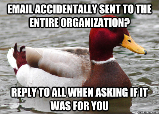 Email accidentally sent to the entire organization? reply to all when asking if it was for you - Email accidentally sent to the entire organization? reply to all when asking if it was for you  Malicious Advice Mallard
