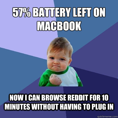 57% battery left on macbook now i can browse reddit for 10 minutes without having to plug in  Success Kid