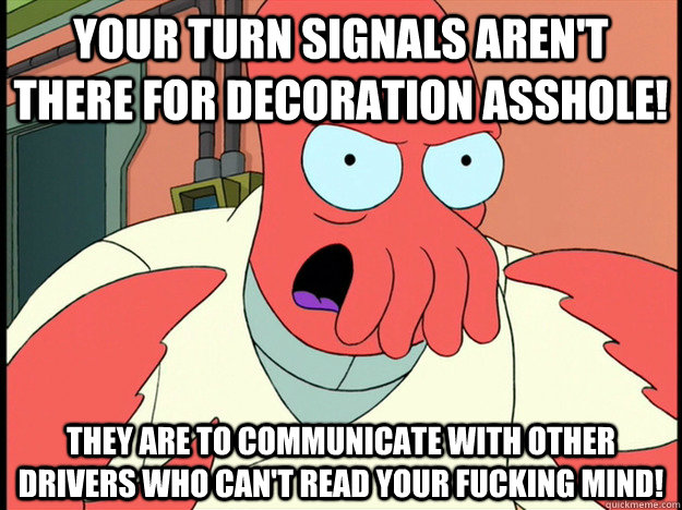 your turn signals aren't there for decoration asshole! they are to communicate with other drivers who can't read your fucking mind!  Lunatic Zoidberg