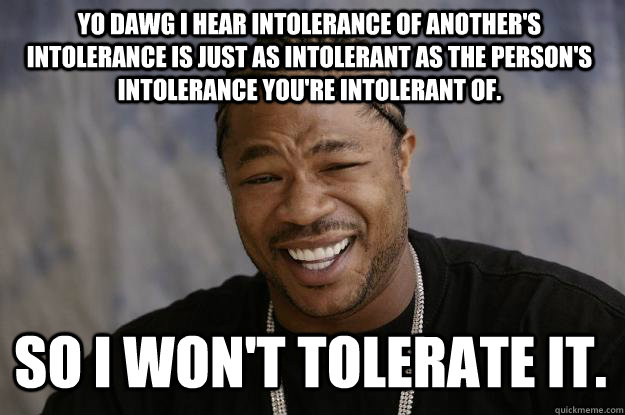 YO DAWG I HEAR intolerance of another's intolerance is just as intolerant as the person's intolerance you're intolerant of. so I won't tolerate it.  Xzibit meme