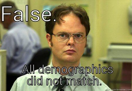 FALSE.                 ALL DEMOGRAPHICS DID NOT MATCH. Schrute