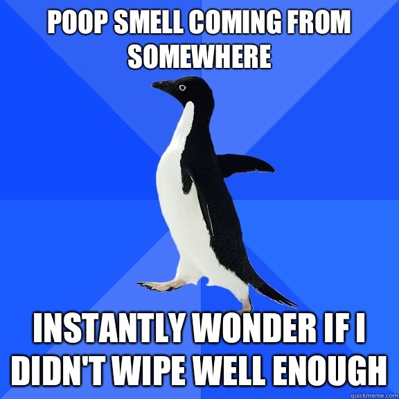 Poop smell coming from somewhere Instantly wonder if I didn't wipe well enough  Socially Awkward Penguin