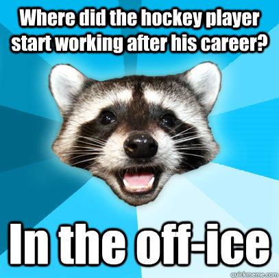 Where did the hockey player start working after his career? In the off-ice  Lame Pun Coon