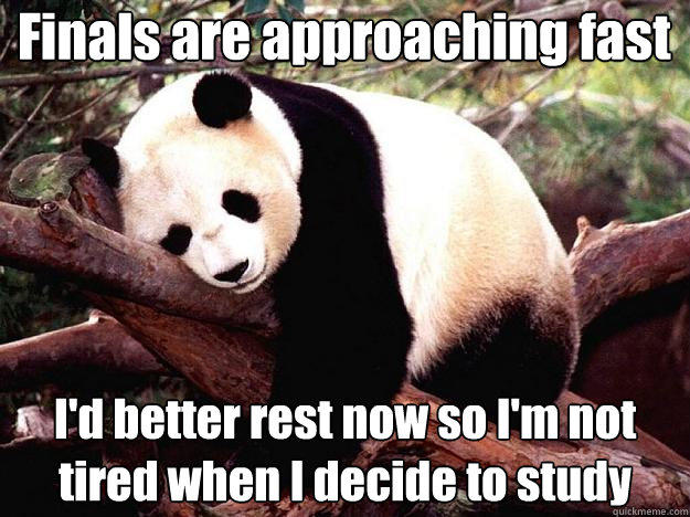 Finals are approaching fast I'd better rest now so I'm not tired when I decide to study - Finals are approaching fast I'd better rest now so I'm not tired when I decide to study  Procrastination Panda