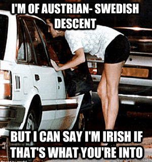 I'm of austrian- swedish descent but i can say I'm irish if that's what you're into - I'm of austrian- swedish descent but i can say I'm irish if that's what you're into  Karma Whore