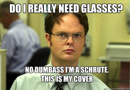 do i really need glasses? no dumbass i'm a schrute. this is my cover  Schrute