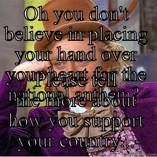 OH YOU DON'T BELIEVE IN PLACING YOUR HAND OVER YOUR HEART FOR THE NATIONAL ANTHEM?  PLEASE TELL ME MORE ABOUT HOW YOU SUPPORT YOUR COUNTRY... Creepy Wonka