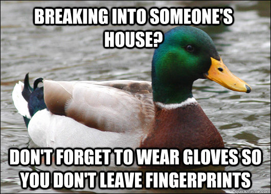Breaking into someone's house? Don't forget to wear gloves so you don't leave fingerprints - Breaking into someone's house? Don't forget to wear gloves so you don't leave fingerprints  Actual Advice Mallard